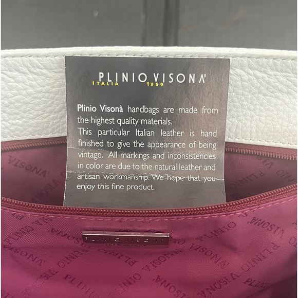 Plinio Visona Handbag. All White Italian Leather Bag with Brown Leather Trim. - Picture 8 of 13